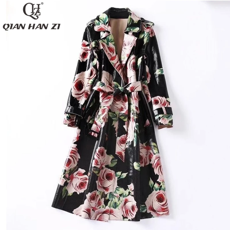 

Qian Han Zi designer bright leather trench coat Long sleeved epaulettes Retro Rose print Fashion Belt Slim Long Coat Women 2021