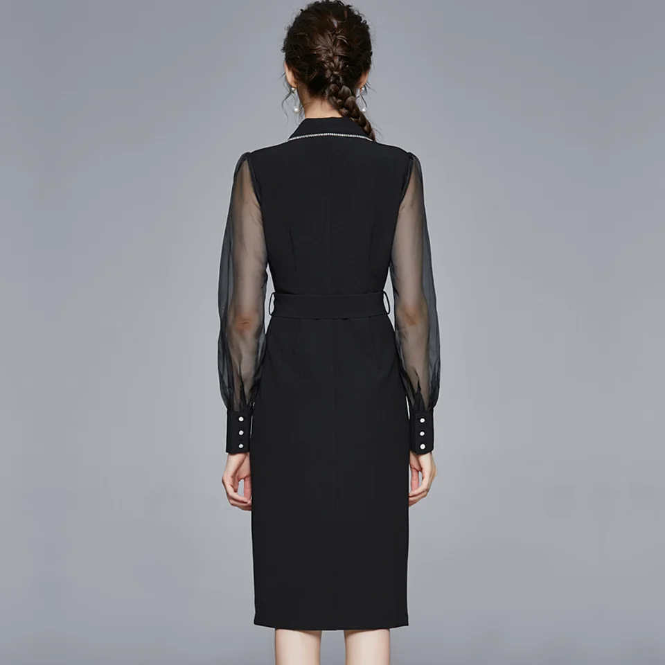 

Autumn Winter Women Occupation Slim Office Dress Black Notched Neck Mesh Sleeves High Waist With Belt Elegant OL Dress