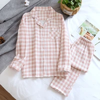 2021 new spring and autumn couple simple casual plaid pajamas suit 100 cotton crepe home service pajamas for men and women