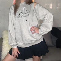 y2k style autumn new womens gray loose fashion mid length printed hooded long sleeved sweater winter tops letter sweatshirt