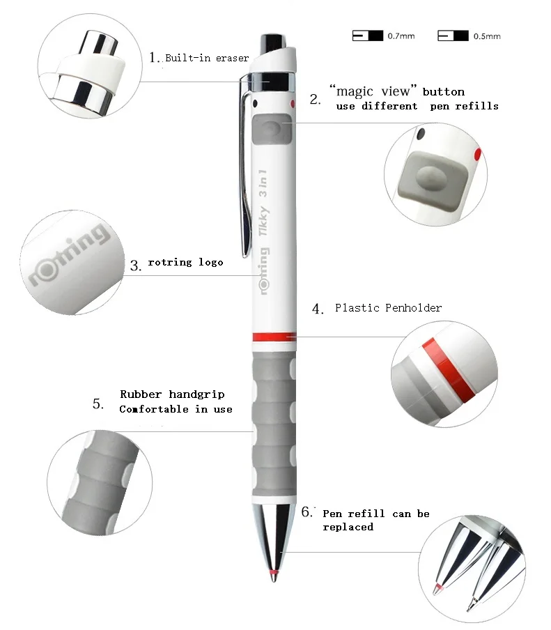 Rotring Tikky 3 в 1 multipen 0,5 мм/0,7 мм механический карандаш шариковая ручка 1 шт