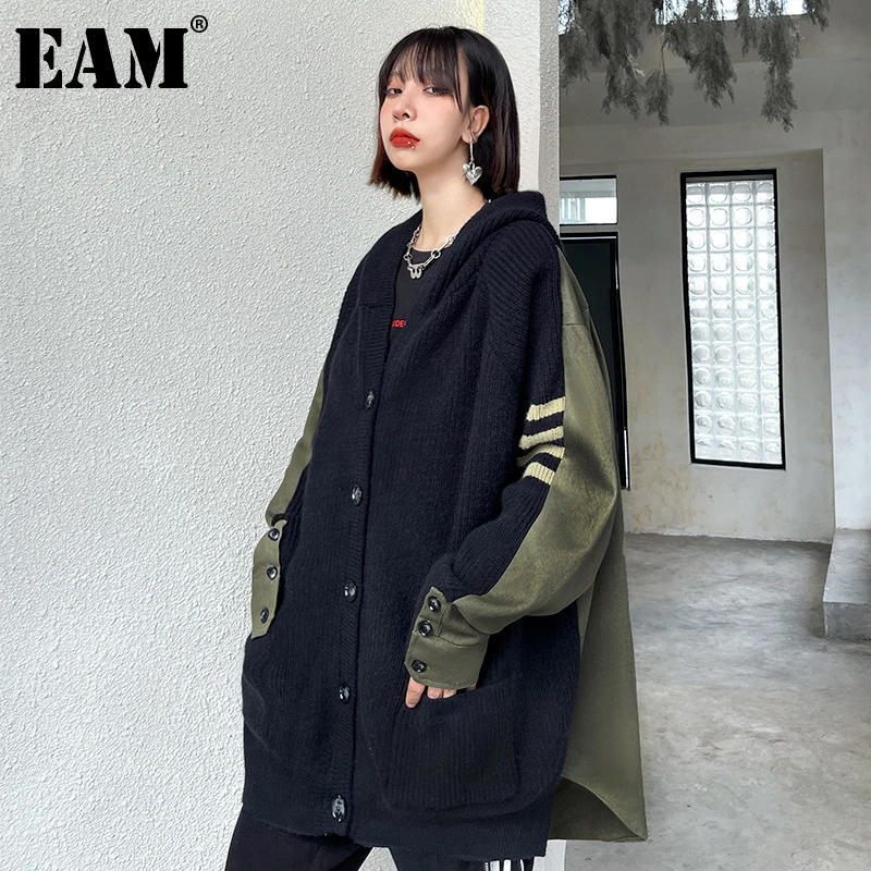 

[EAM] полосатый вязаный кардиган большого размера, свитер, свободный крой, v-образный вырез, длинный рукав, Женская Новая мода, Осень-зима 2022 ...