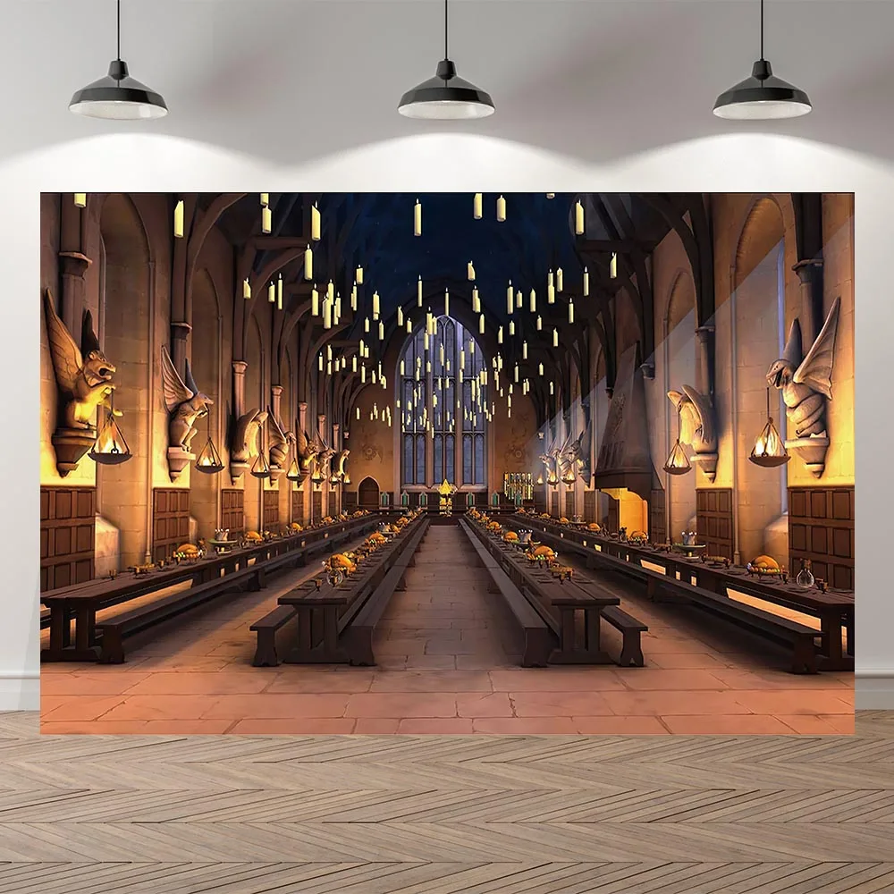 Фотофон для вечеринки на Хэллоуин волшебный школьный замок столовый зал |