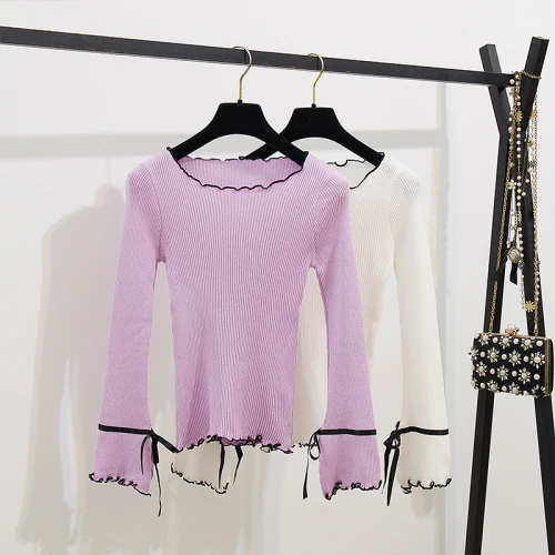 

Aihuyigui 2019 Autumn Winter Fashion Women Pink Flare Sleeve Knit Top + Black Suspender Streetwear 2 Piece Suit Set Skirt Dr591