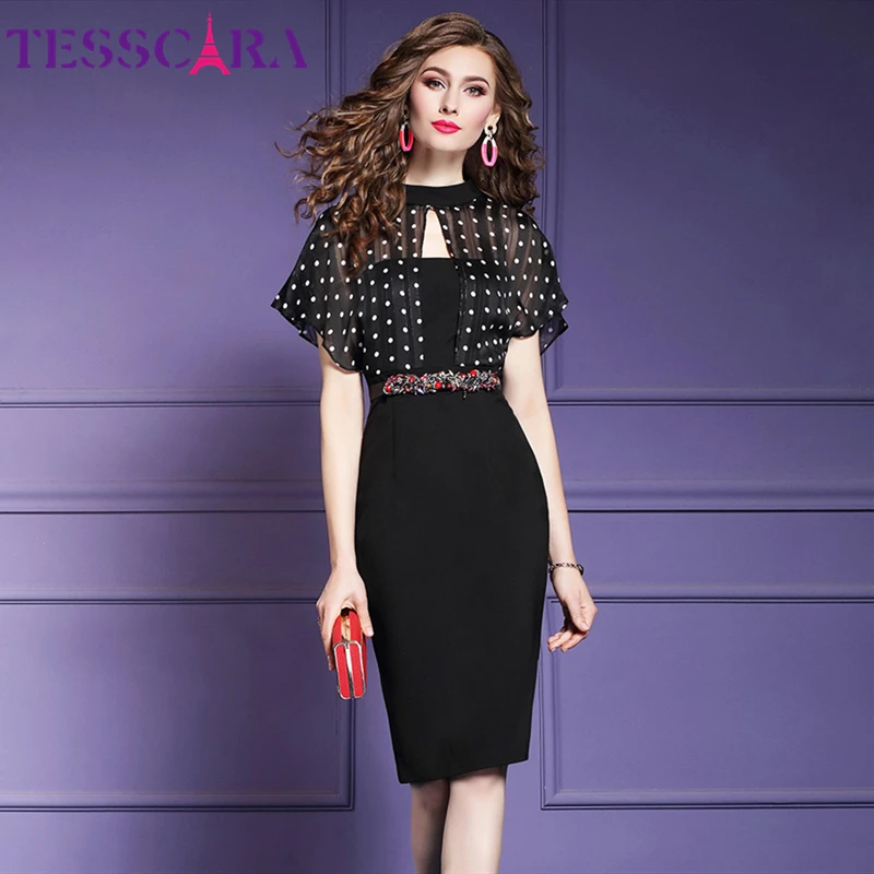 Женское шифоновое платье в горошек TESSCARA элегантное офисное платье-карандаш