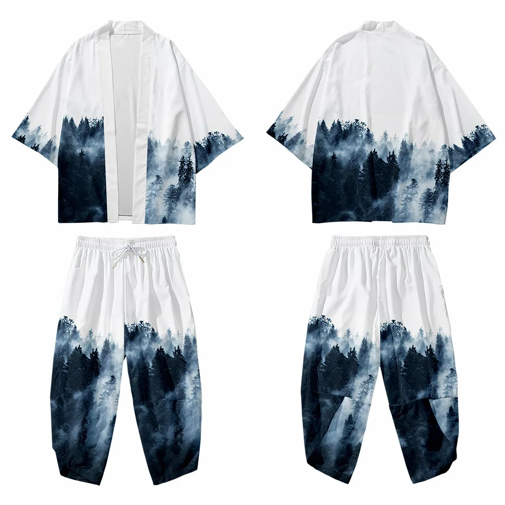 Кимоно в японском стиле для мужчин и женщин свободные штаны оверсайз 2 предмета