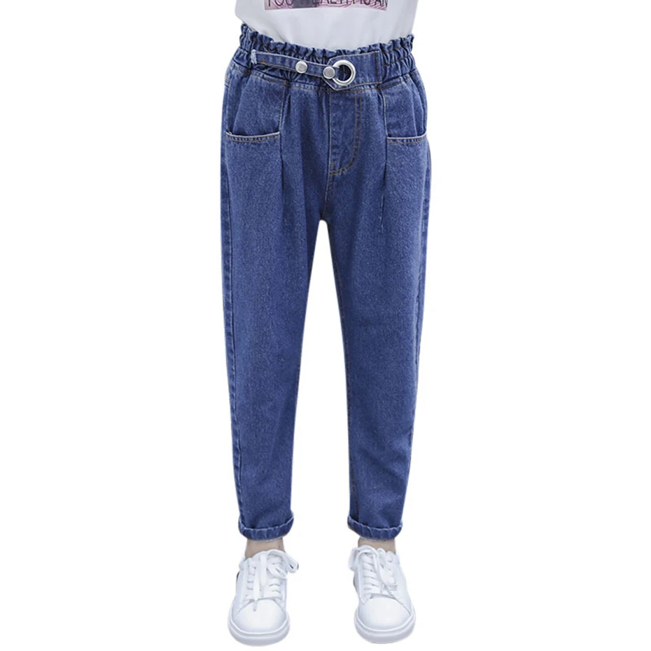 Джинсы для девочек однотонные джинсы с высокой талией модные пряжкой на поясе