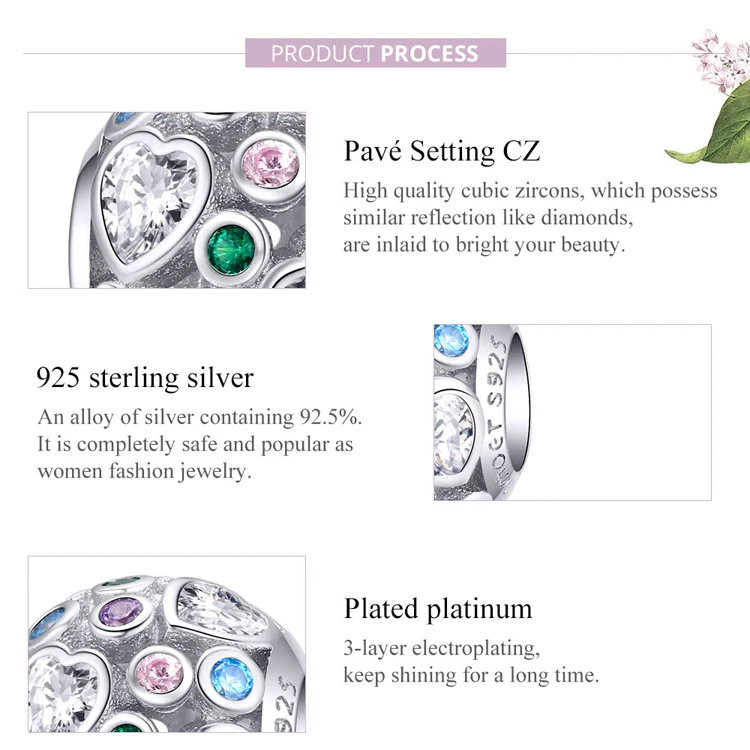

Openwork Heart CZ color round metal Bead 925 Sterling Silver Pendant Bijoux suitable for original pan BANGLE LADIES DIY jewelry