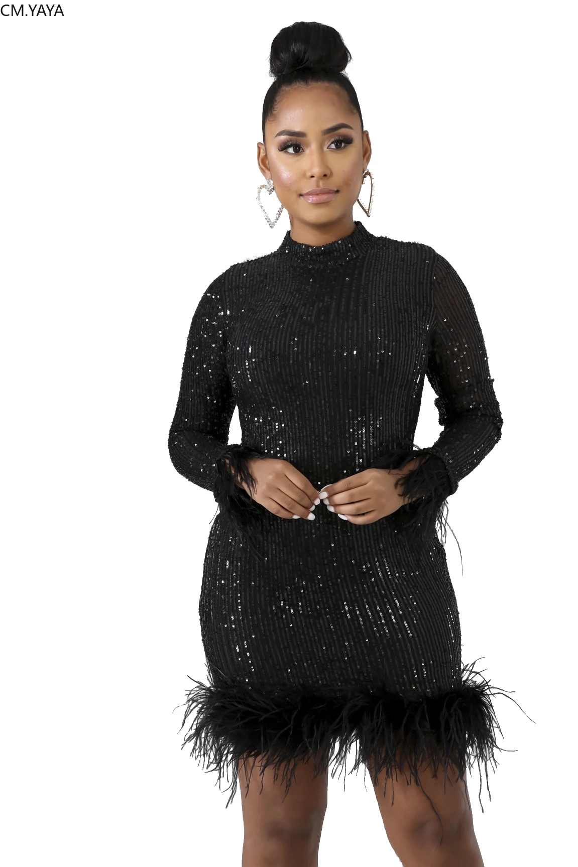 GL Autumn Winter Women O-Neck Long Sleeve Sequined Above Knee Dress Sexy Night Club Feather Bandage Mini Dresses CY8143 | Женская одежда