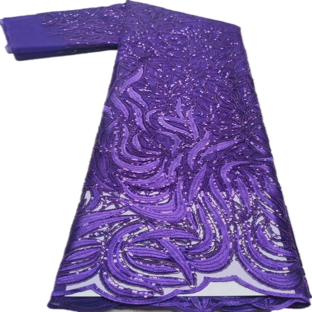 2021 High Quality Nigerian Lace Fabric Embroidered African Sequins Net Lace Fabric New Design Purple Sequins Lace Fabric 5 Yards