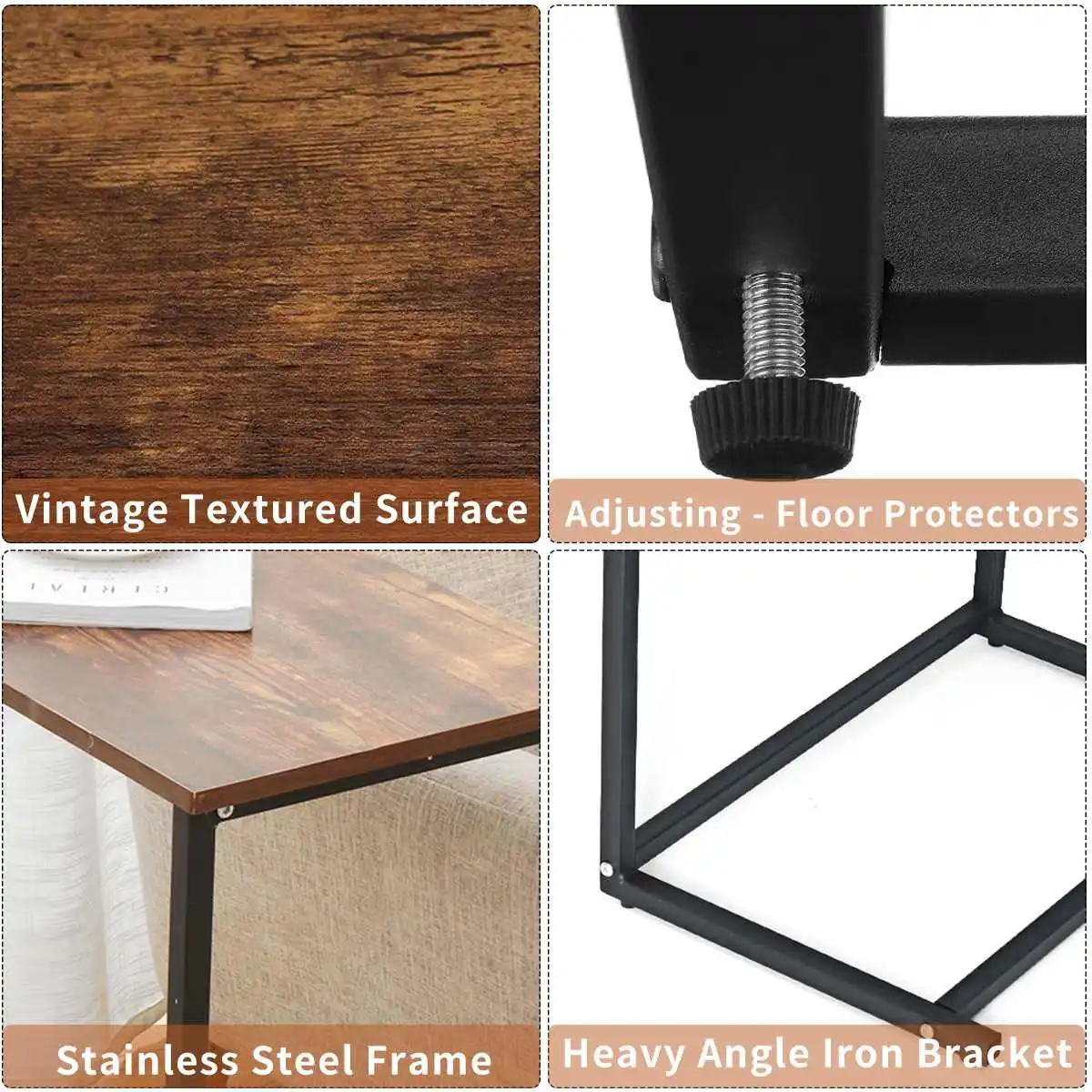 

22x14x26inch Vintage C Shape Coffee Table Wooden Metal Frame Sofa Side Table End Table Home Computer Desk Storage Holders