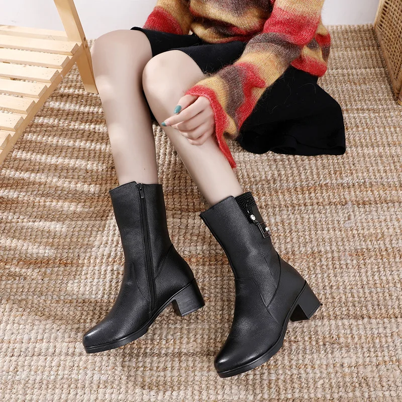 

OUKAHUI 2020 Winter Warm Martin Boots For Women Genuine Leather Elegant Black Square Heel 5.5cm Shoe Boot Plush Mid Calf Boots