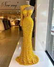 Блестящие желтые вечерние платья на одно плечо, женское платье для свадьбы, 2021, арабское вечернее платье Дубая, вечернее платье