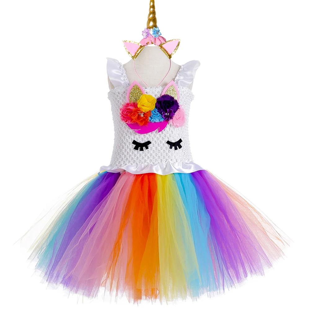 Яркое Радужное платье-пачка с единорогом тюлевые платья принцессы цветами для