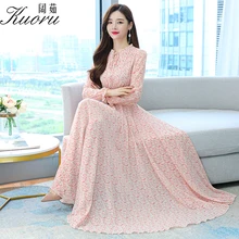 Printemps 2022 chiffon floral rosa vestido feminino plus size manga longa midi puff elegante vestidos de mujer vestidos de verão casuais (1)