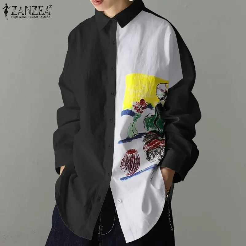 

Элегантная богемная Праздничная рубашка ZANZEA 2021, асимметричные топы большого размера, осенняя блузка с отворотом и принтом, Женская Повседн...