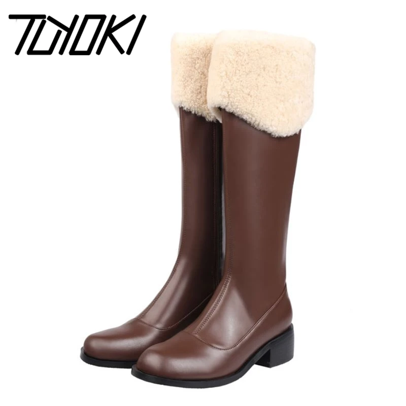 

Tuyoki Size 32-43 Women Knee Boots Real Leather Fashion Zipper Warm Fur Winter Shoes Woman High Heel Long Boot Lady Footwear