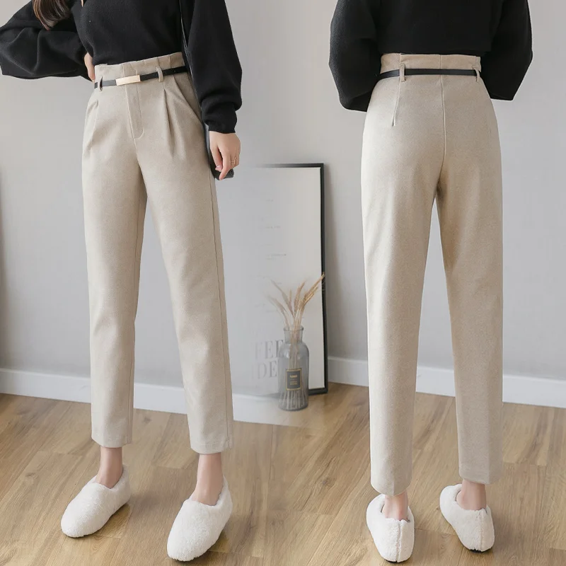 Осень-зима шерстяные штаны женские новинка высокая талия тонкая пояс шаровары