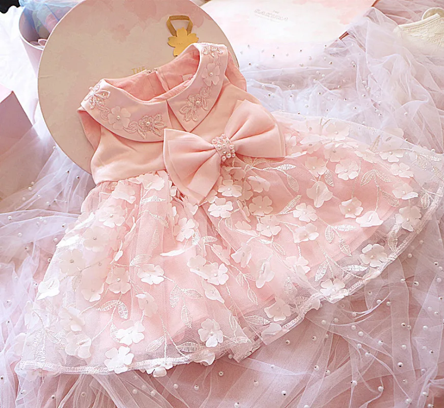 Платье с цветочным рисунком для маленьких девочек белое розовое кружевное