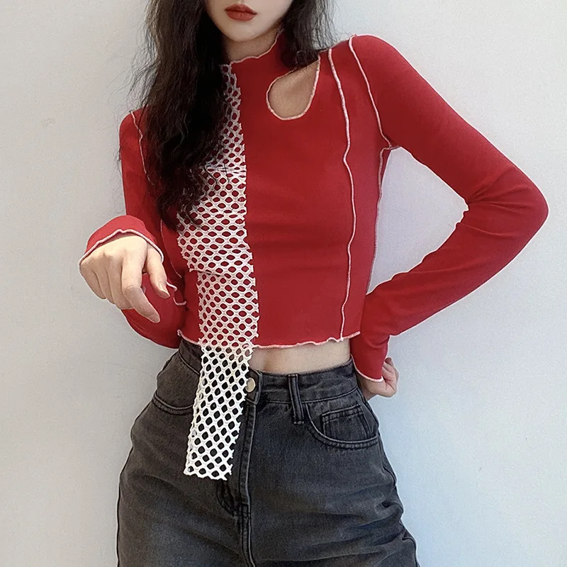 

Women T-shirt Knit Tops Sexy Hollow Out High Waist Red Ladies Tee Shirt Spring Slim Tops Long Sleeve Camisa Mujer