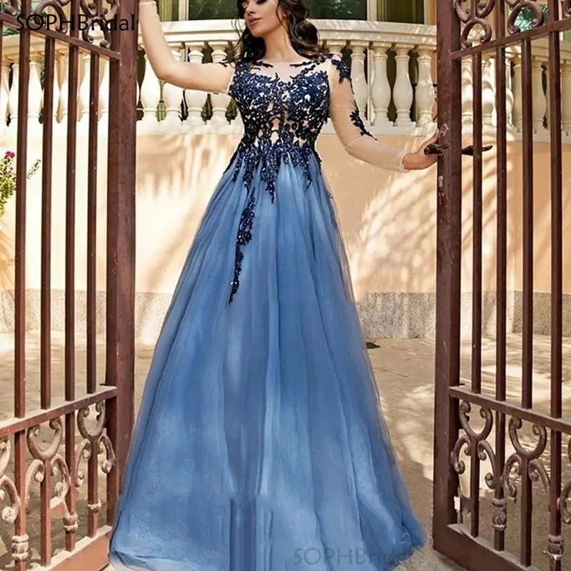 

New Arrival Scoop Appliques Evening Dress Illusion Navy Blue Celebrity Formal Dresses Robe De Soiree Evening Party Gown Vestidos