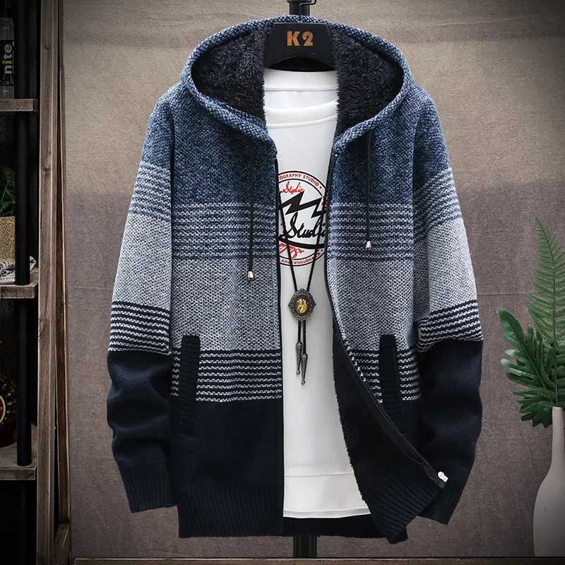Men's Cardigan Hooded  Sweater Jumper with Zipper Knitwear Fashion Striped Fleece Wool Autumn/Winter Thick Warm Coat Cold Blouse