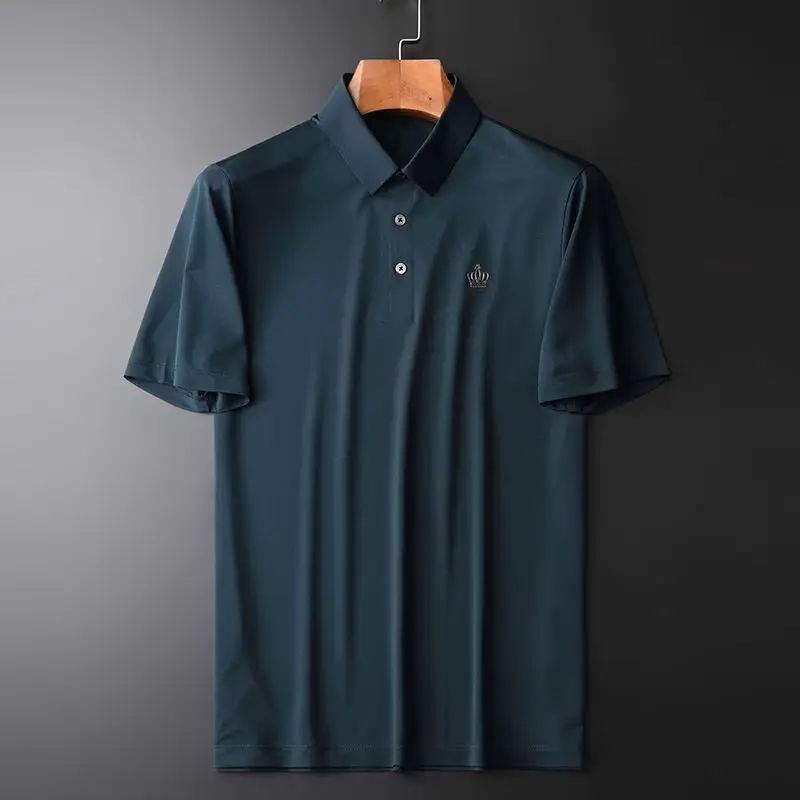 

Mercerized pearl floor mesh fabric men's fashion pressure rubber Lapel short sleeve T-shirt summer new Polo half sleeve men's