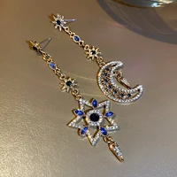 vintage exquisite 14k real gold jewelry asymmetric sun moon earrings for women luxury aaa zircon stud s925 silver needle gift