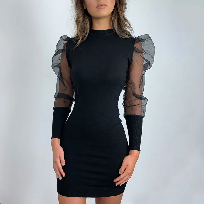 Женское облегающее мини платье Dess элегантное Сетчатое Прозрачное с буффами и