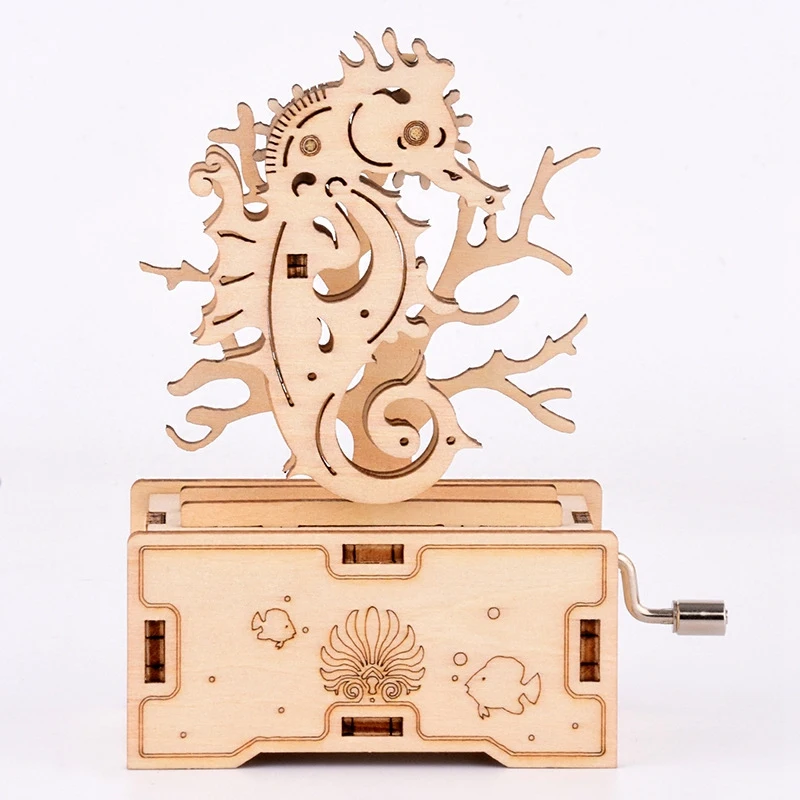 

3D Puzzles Wooden Seahorse Hand Crank Music Box Assembly Toy DIY Assembled Mode Model Building Block Kits Gift