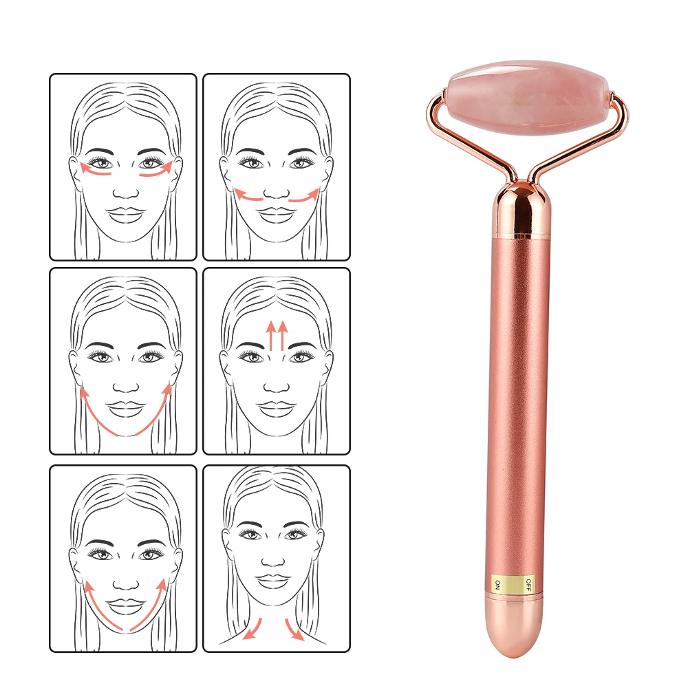 2 In 1 Electric Vibrating Natural Rose Quartz Jade Roller Face Eye Skin Anti Wrinkle Lifting Massage Promote Absorption Device | Красота и