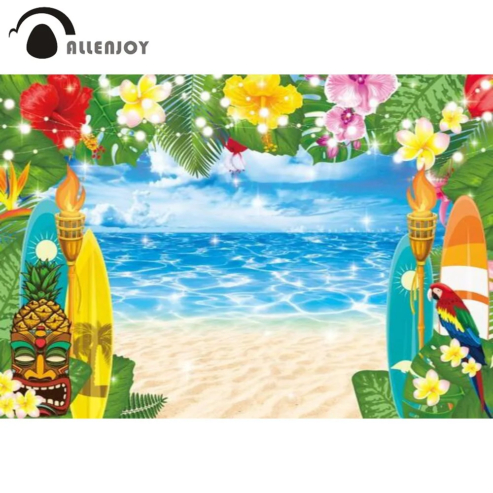 

Allenjoy Summer Aloha Beach Seaside Leaves Tropical Flowers Surfboard Pineapple Parrot Backdrop Lights Photocall Background