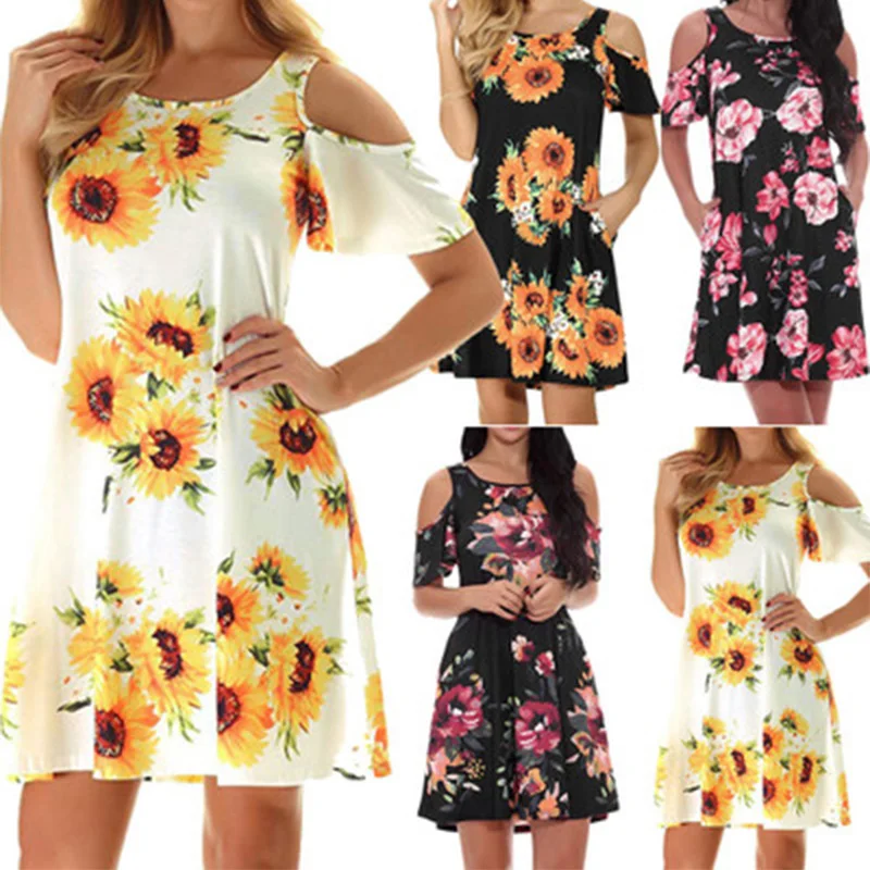 

2021 Lente Zomer Hot Koop Off-Schouder Gedrukt Korte Mouwen Ronde Hals Trui Vrouwen Grote Swing Jurk