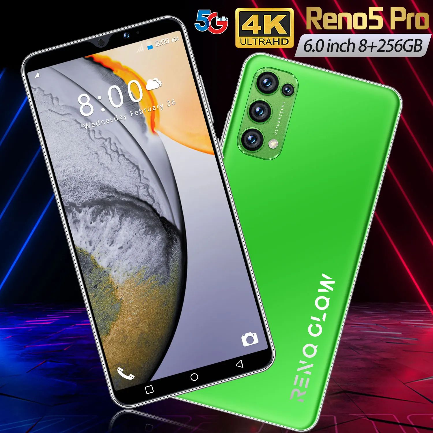 

Reno5 Pro Face Fingerprint ID 5G Cell Phone MTK6889 2021 Global Version 128/256GB 16+32MP 10 Core Smart Phone Andriod 10 Celular