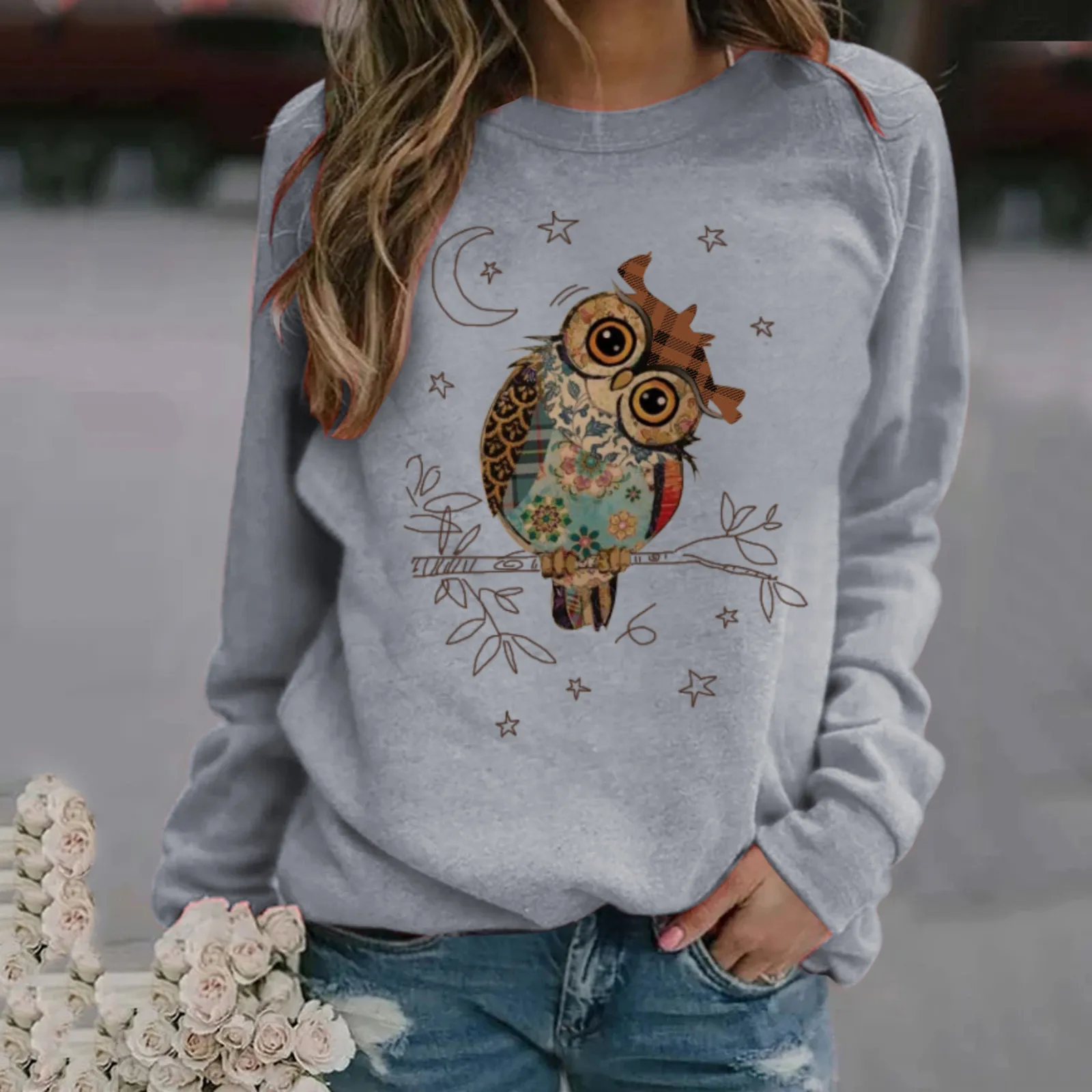 Женские толстовки с капюшоном принтом совы длинным рукавом Повседневный пуловер
