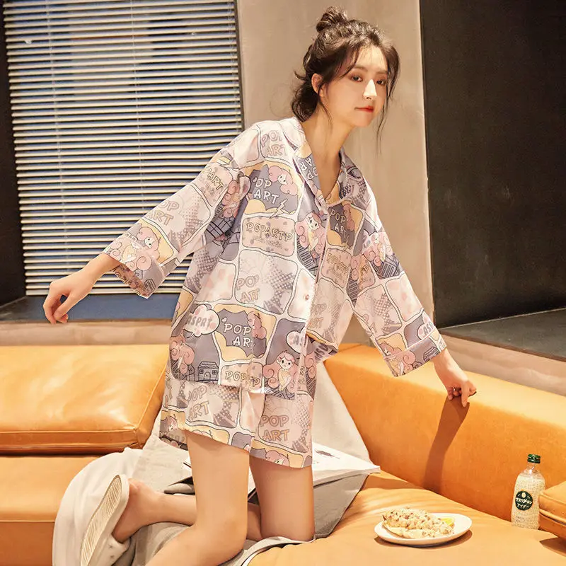 Pajamas for Women Summer Suit Ice Silk Short-sleeved Two-piece Suit Cute Cartoon Sweet Loose Home Clothes Outside Sleepwear