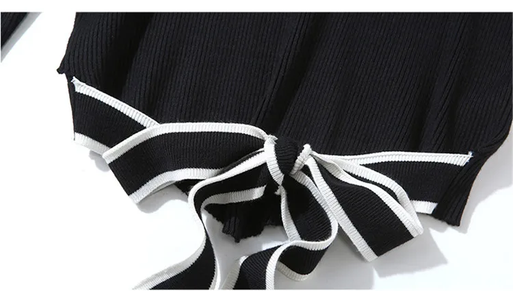 2020 Autumn 2 Piece Suits Women Lace-up Bow Black Knitted Sweater Top+ Elastic Waist Long Pleated Colour Geometry Skirt Suit | Женская