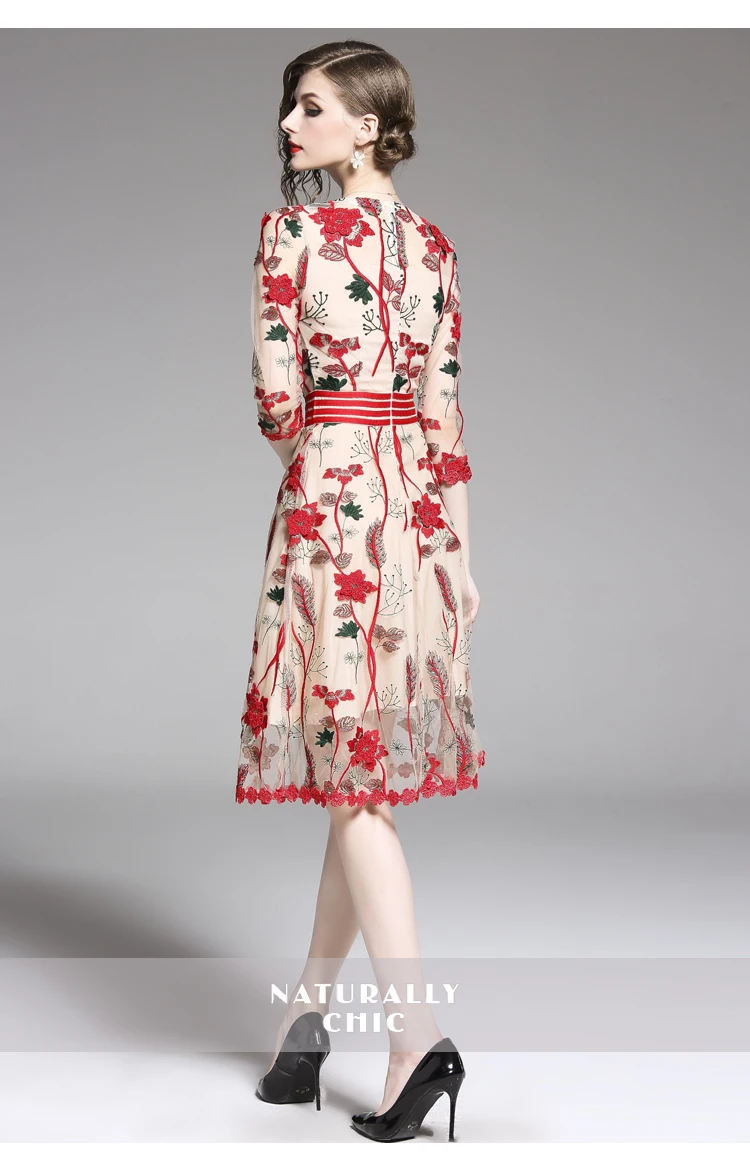 

IZEVUS Casual Dress Luxury Embroidery Mesh Dress Festa Female Red Floral Robe High Quality Designer Cocktail Wedding Party Vest