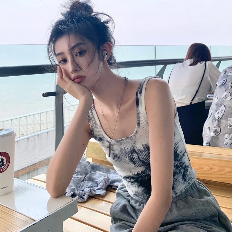 

Летний женский топ без рукавов, милая стильная внешняя одежда для девушек, морской песчаный пляж, краска TeesTie, укороченный пупок с эффектом п...