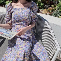 2021 new french retro size long dress with slim waist and bubble sleeve floral dress childrens summer fashion trend