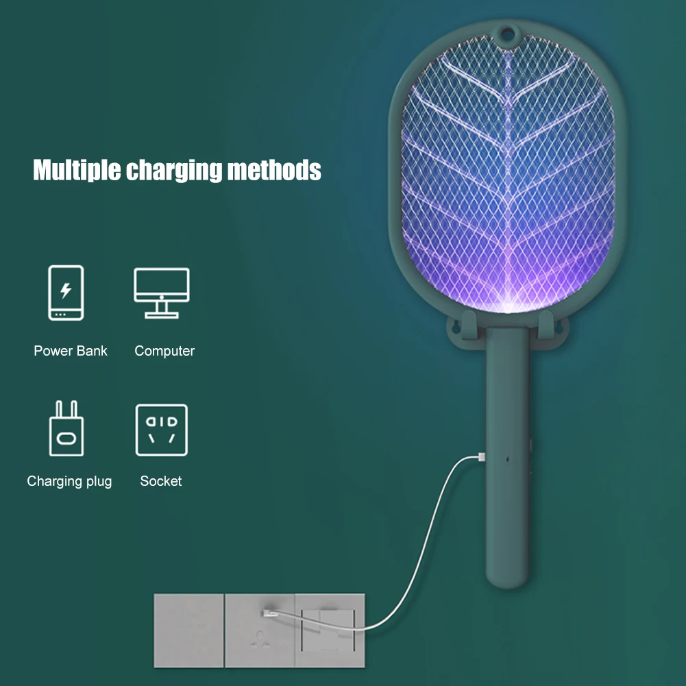 

USB Rechargeable LED Hmoe Electric Mosquito Swatter 2700V Anti Fly Bug Zapper Killer Trap Insect Racket Pest w/ UV Lamp Base