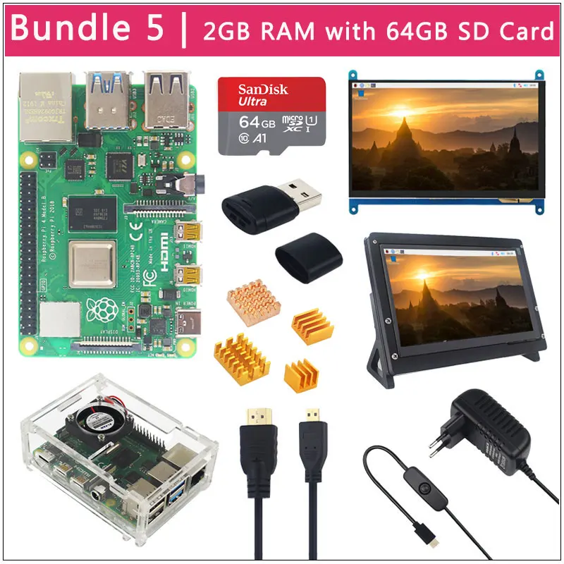 2GB RAM Raspberry Pi 4 Модель B ЖК-комплект+ 7 дюймов сенсорный экран+ держатель+ 64 32 Гб sd-карта+ вентилятор+ радиатор+ мощность+ Micro HDMI для Pi 4 - Комплект: 2GB RAM