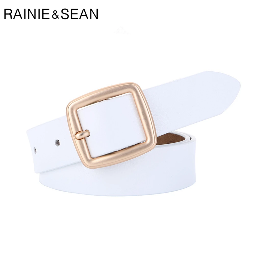 

RAINIE SEAN White Belt Women Cowskin Pin Buckle Waist Belt for Trousers Solid Casual High Qualiy Second Layer Cow Leather Strap