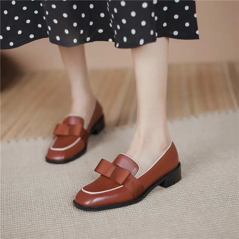 

MORAZORA 2021 Genuine Leather Pumps Thick Heels Square Toe Ladies Single Shoes Spring Autumn Fashion Bowknot Casual Shoes