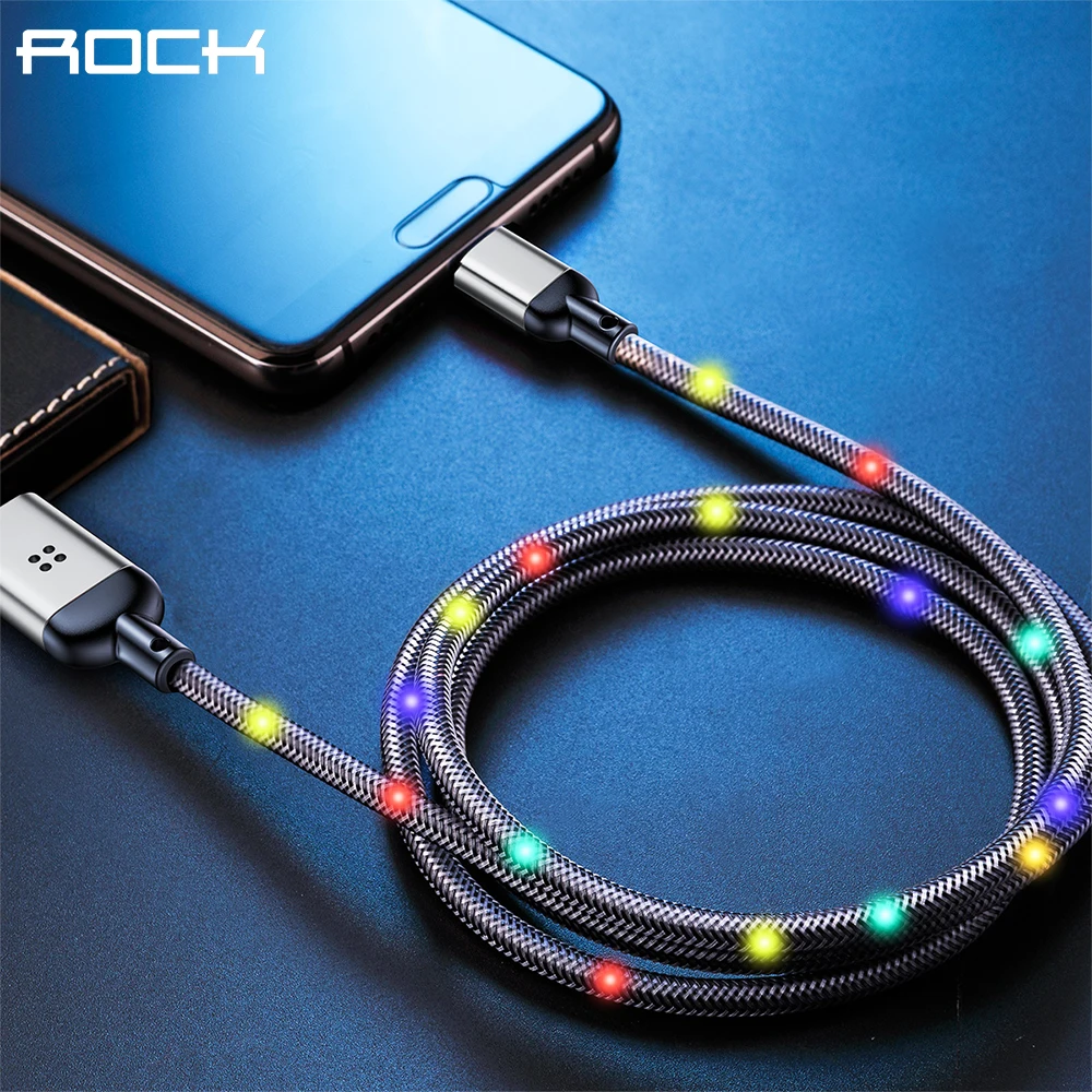 Металлический зарядный кабель ROCK 1 м USB Type C светящийся провод для передачи данных