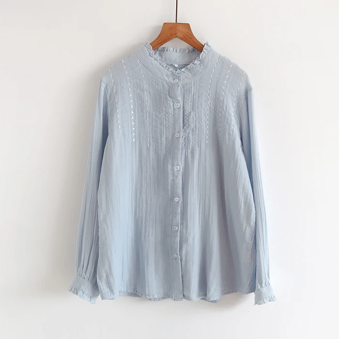Spring Women'S New Style Literary Embroidery Small Lace Fungus Collar Loose Long-Sleeved Shirt Women Double Cotton Yarn Blouses
