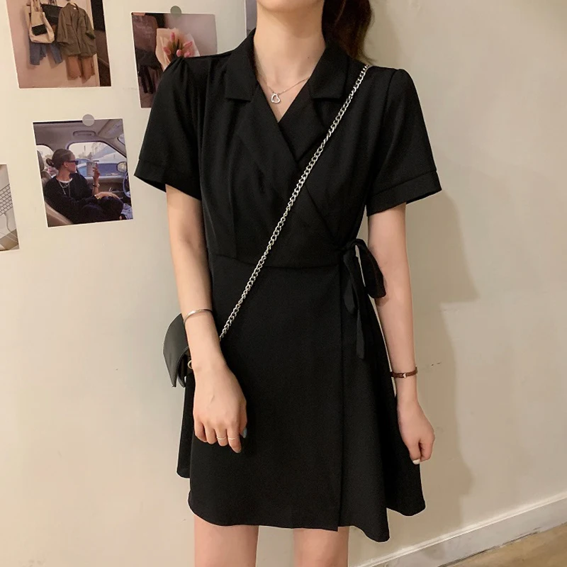 

Korean Office Summer Women Dress Black Elastic Casual High Waist Short Sleeve Ladies Party Dress Female Clothes Solid Vestidos