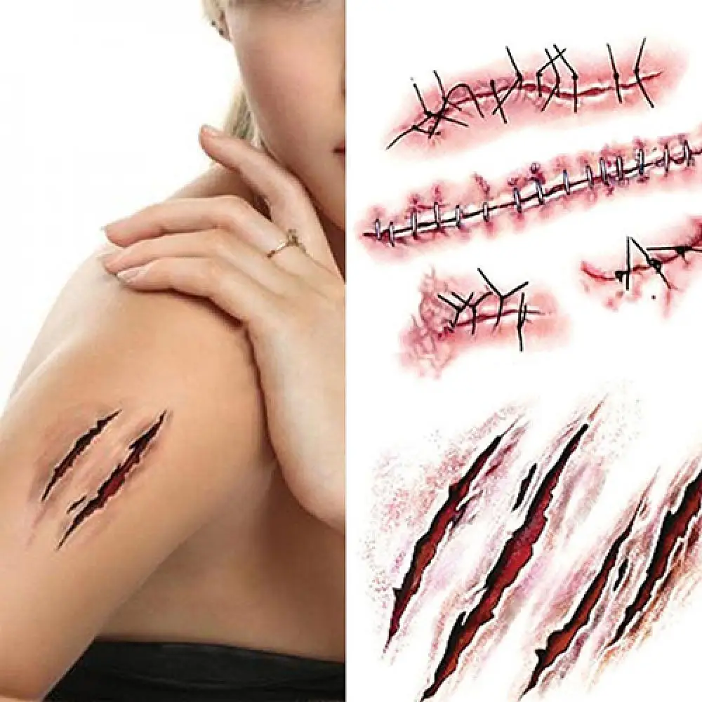 

50% Hot Sale 2Pcs Temporary Tattoo Sticker Halloween Terror Realistic Fake Blood Injury Scar