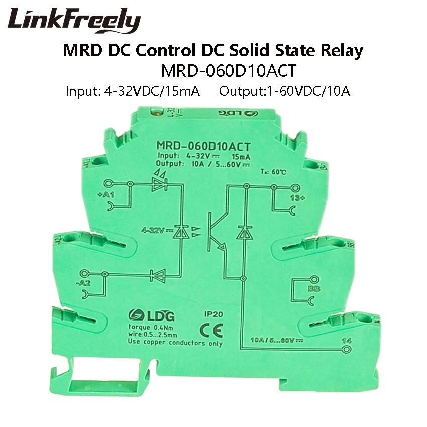 

MRD-060D10ACT Mini PLC Interface Solid State Relay Module DC DC 10A 1-60VDC Ouput Input: 5V 12V 24VDC SSR Voltage Relay DIN Rail