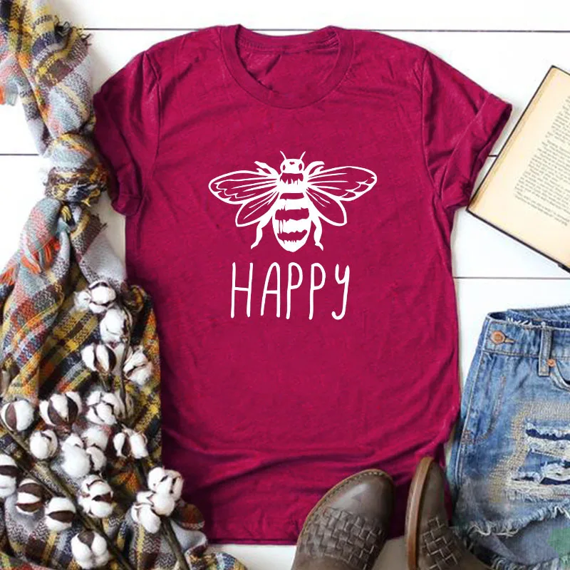 Camiseta de verano talla grande para mujer algodón con cuello redondo y estampado abeja camisetas manga c|Футболки| |